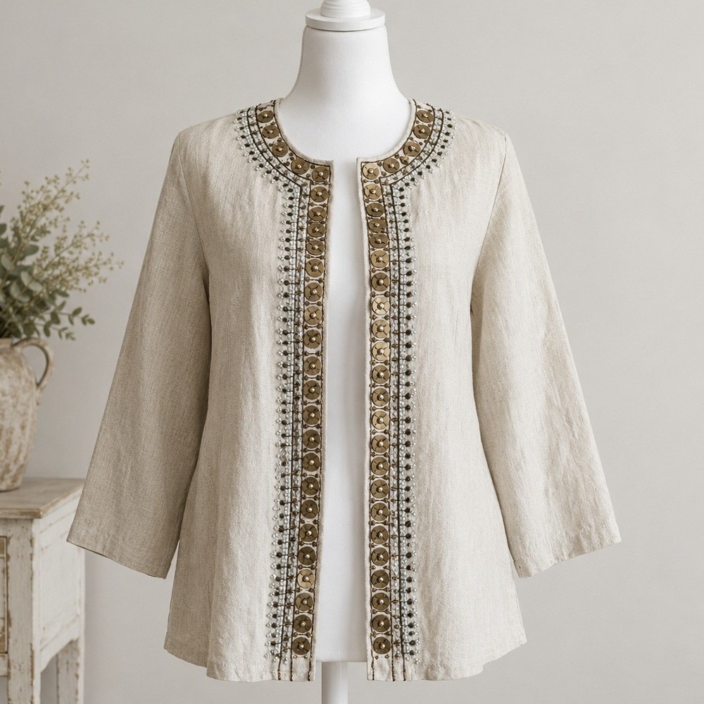 Chicos Pure Linen Beaded Open Jacket Beige Medium Boho Coastal Resort Cruise Lux